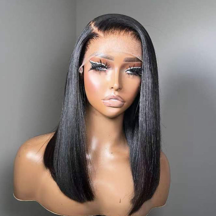 200 Density Bob Human Hair Wig 14 Inch Natural Black Pre Plucked Hairline Baby Hair Swiss Lace 13x4 For Women