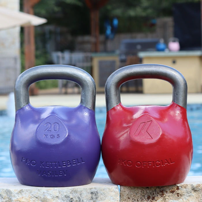 Purple and Red Kettlebells Outside