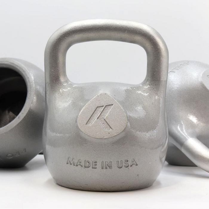 Silver kettlebell with 'Atlas' branding and 'Made in USA' text on a white background