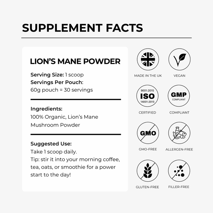 Lion's Mane Powder - 60 Grams - 30 Servings - Charava UK