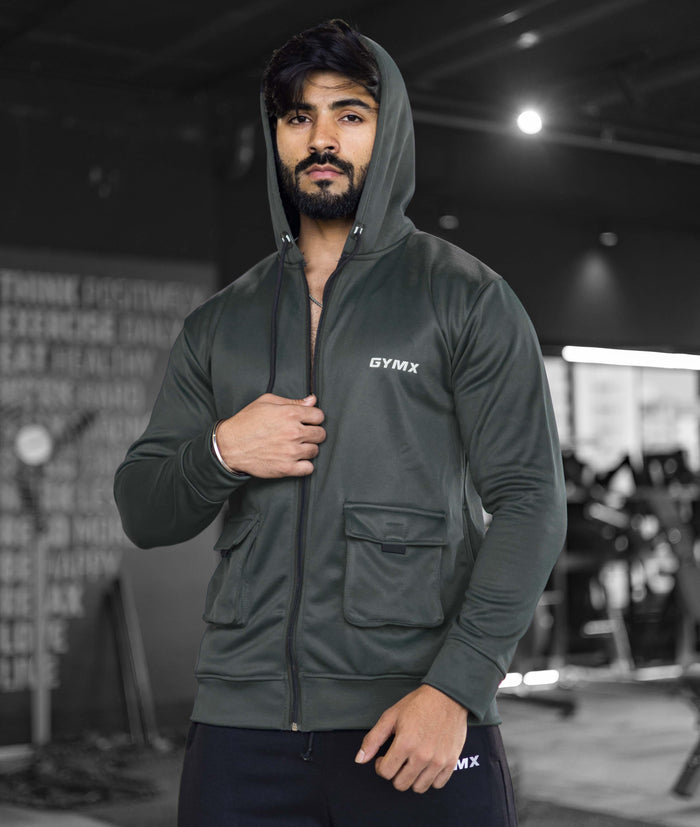 Ultimate Cargo Hoodie: Greenish Grey (4 Pockets) - GymX