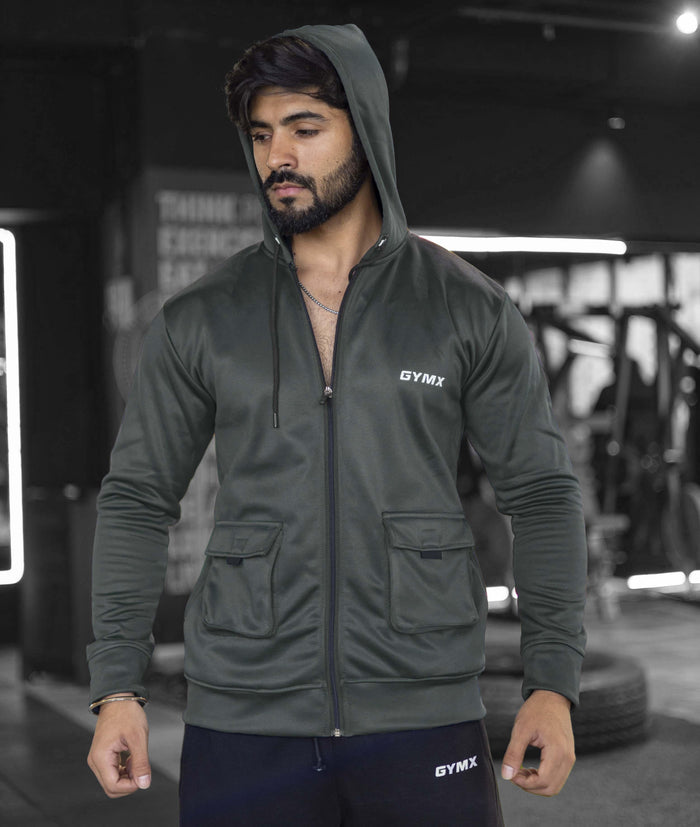 Ultimate Cargo Hoodie: Greenish Grey (4 Pockets) - GymX