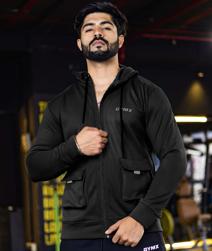 Ultimate Cargo Hoodie: Night Black (4 Pockets) - GymX
