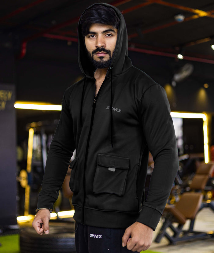 Ultimate Cargo Hoodie: Night Black (4 Pockets) - GymX